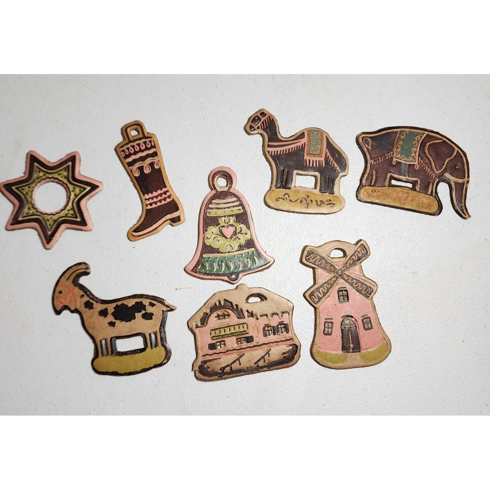 Vintage Hand Painted Embossed Leather Ornaments Set of 8 Elephant Camel Windmill
